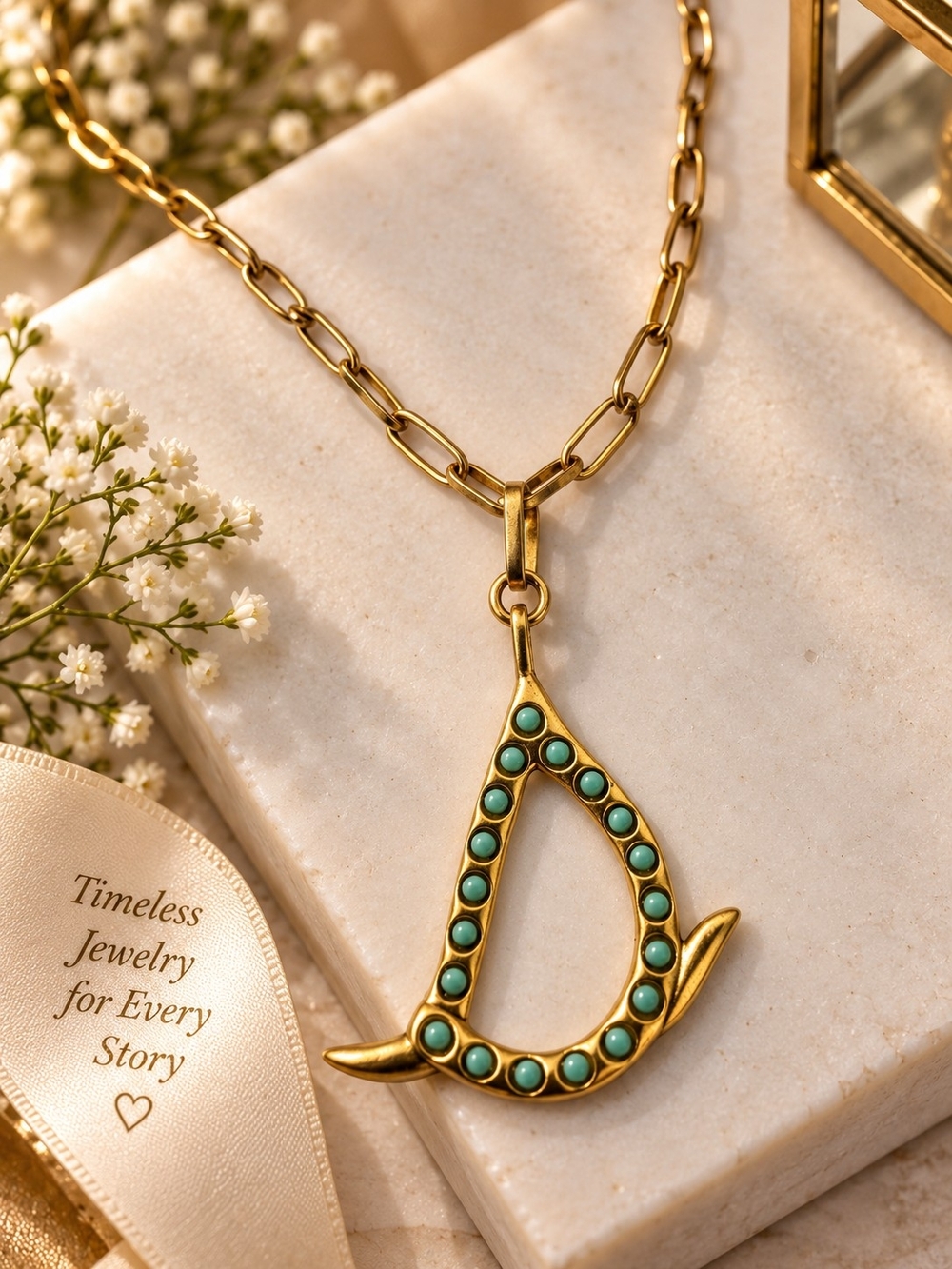 Gold-Tone Turquoise Accent Letter D Pendant Necklace - Women Jewelry